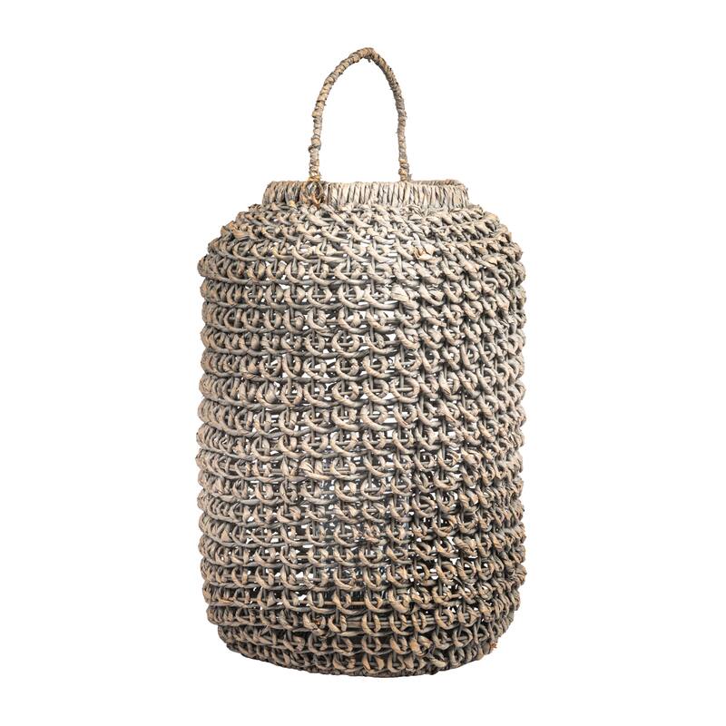Whitewashed Woven Water Hyacinth Lantern with Glass Insert