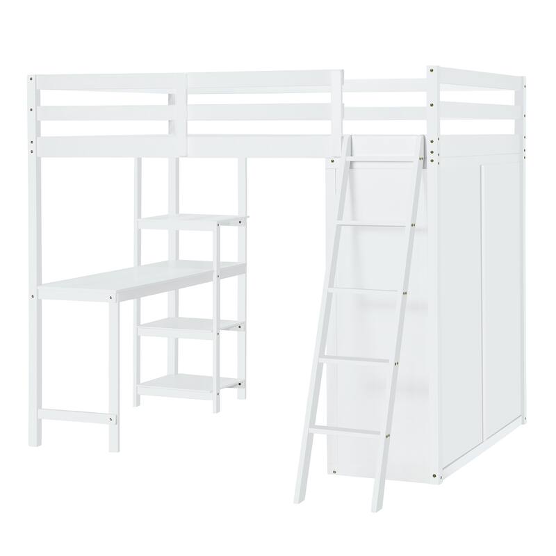 Full Pine Loft Bed with Wardrobe, Desk, Shelves, and Guardrail