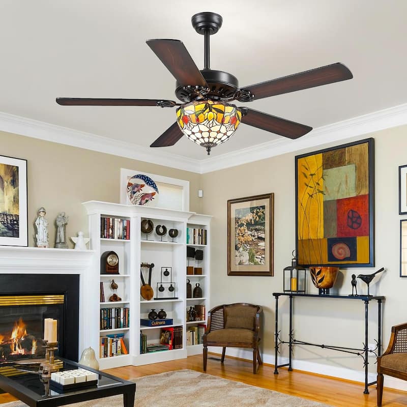 50" TiffanyTropical Ceiling Fan with 5 Palm Leaf Bllades and Vintage Cover Waterproof for Indoor and Outdoor Patio