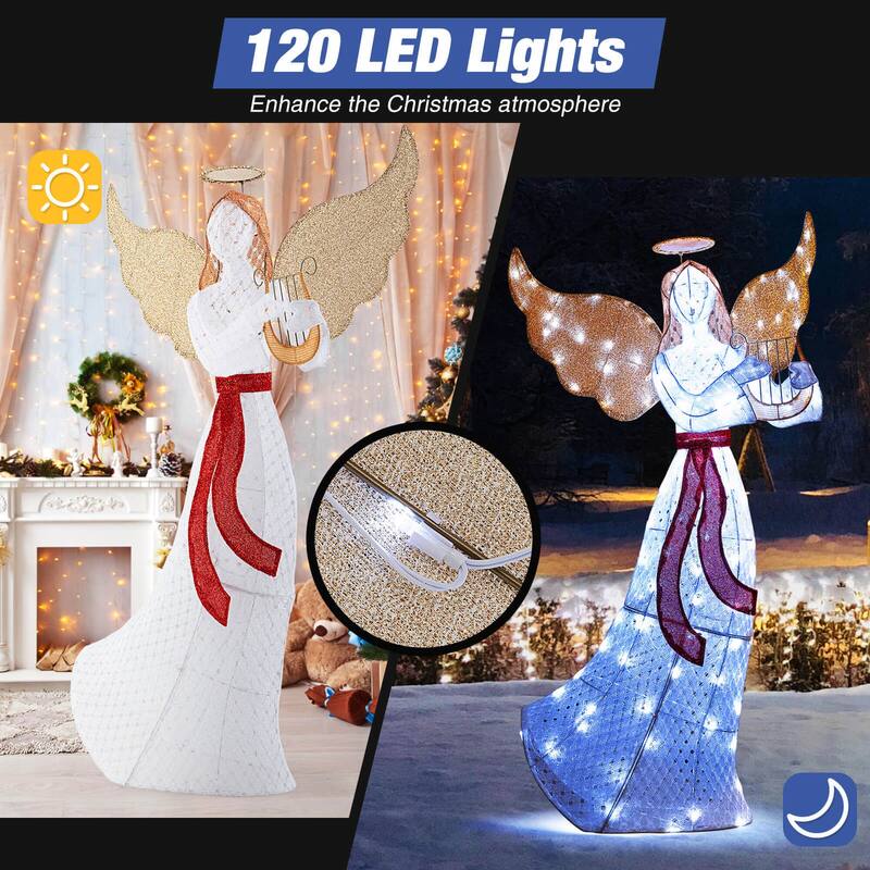 Costway 5 FT Lighted Angel with Harp LED Lights Halo Zip Ties & Ground - See Details