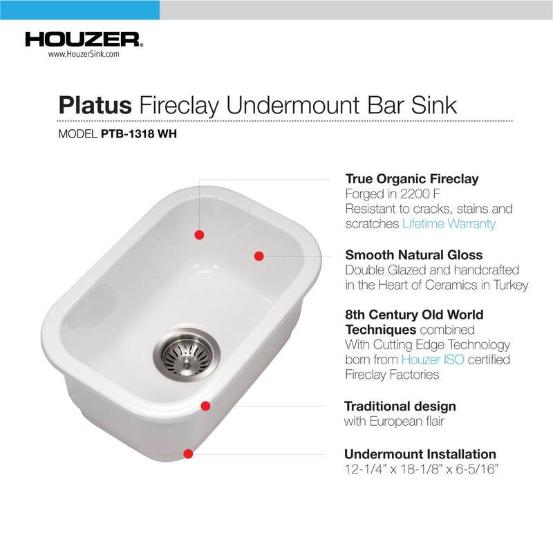 Houzer PTB-1318-C Platus 12-3/16" Undermount Single Basin Fireclay Bar