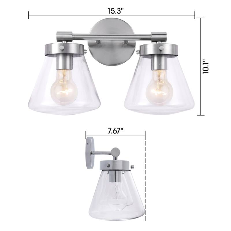 Glam Modern Farmhouse 2-Light Nickel Vanity Light - 15.3"L x 7.67"W x 10.1"H
