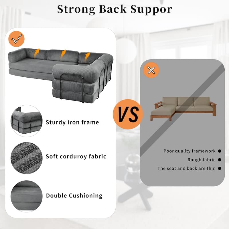 L-Shaped Modular Sectional Sofa with Chaise, Corduroy Convertible Sleeper Sofa Bed, High-Resilience Foam Compressed Sofa