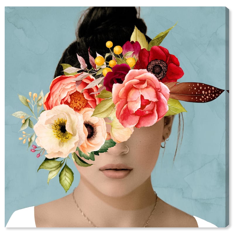 Wynwood Studio Canvas People and Portraits Hidden Beneath Florals Blue and Salmon Traditional Wall Art Canvas Print