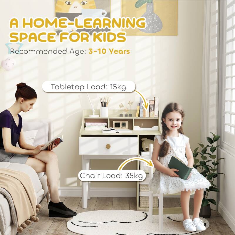 White and Natural Wood Kids Desk and Chair Set with Storage Drawer and Shelves MDF Study Table - 31.7" L × 19.7" W × 37.8" H