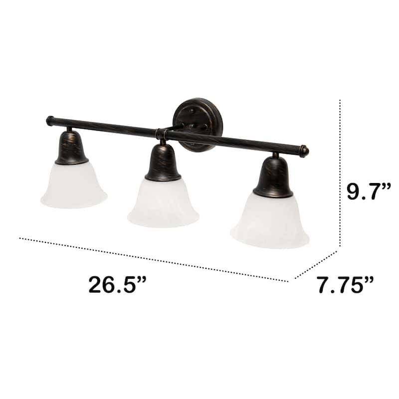 Wall Mounted Three Light Vanity Fixture with Alabaster Glass Bell Shade - 26.5" - Oil Rubbed Bronze and White