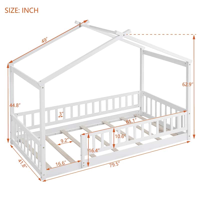 Twin Size Wood House Bed Frame with Roof and Fence, for Kids, Teens, Girls, Boys