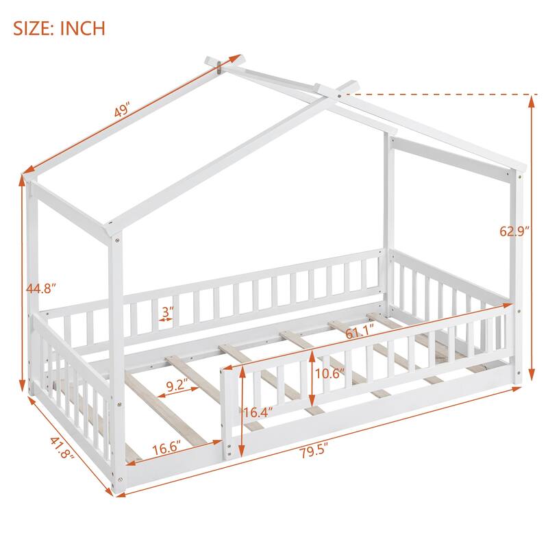White Twin Size Wood House Bed Frame with Roof and Fence, for Kids, Teens, Girls, Boys