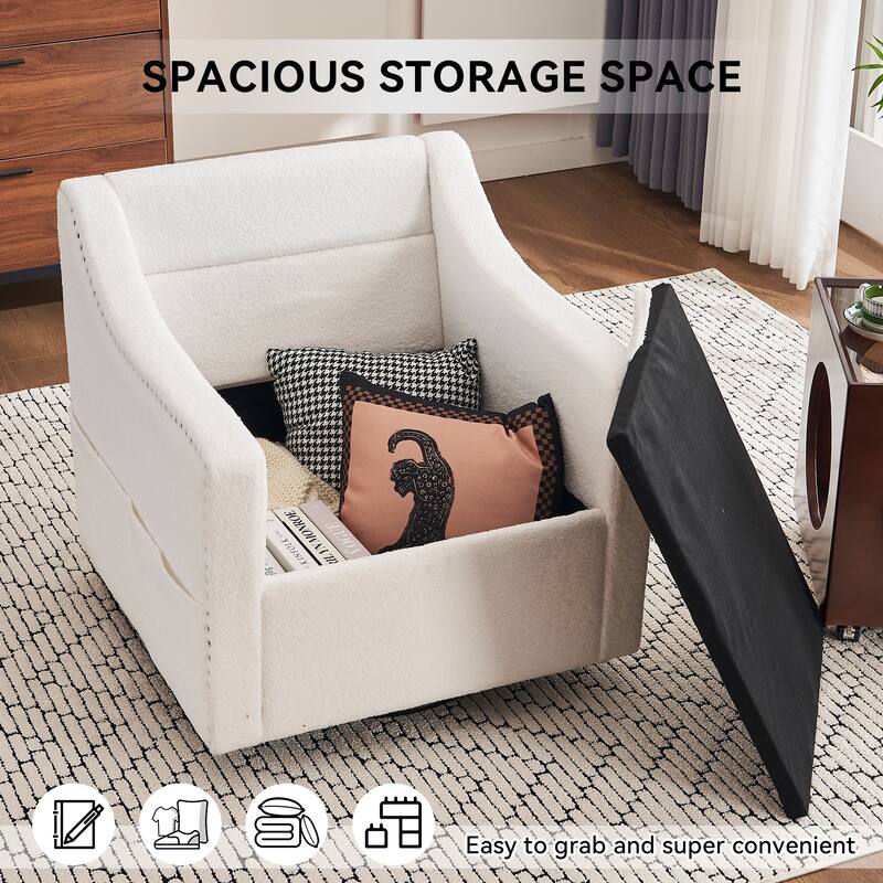 Teddy Upholstered Swivel Accent Chair, Single Sofa Chair with High Backrest, Lounge Armchair with Metal Base & Side Pocket