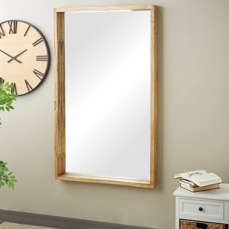 Brown Mango Wood Minimalistic Wall Mirror with Natural Wood Grain and Deep Set Frame - Brown - 36"W, 60"H
