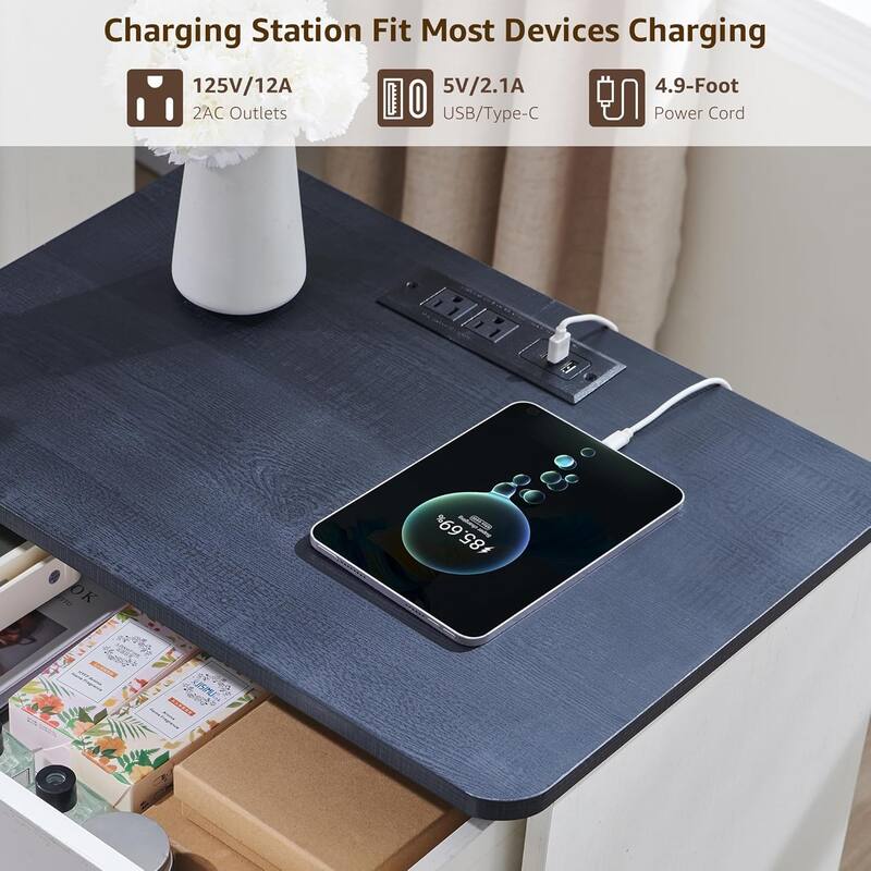 Modern Nightstand with Charging Station, End Table, Wood Beside Table
