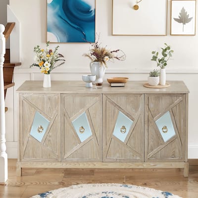 Mirrored Doors Sideboard Buffet Storage Cabinet with Metal Pulls