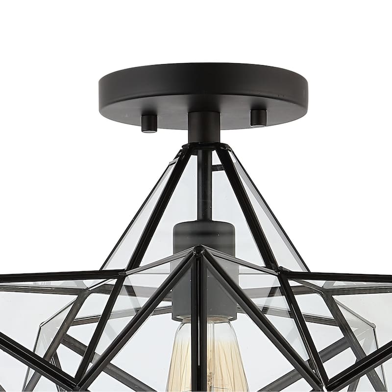 Evelyn 14.5" 1-Light Farmhouse Bohemian Iron/Glass LED Semi Flush Mount, Black/Clear by JONATHAN Y