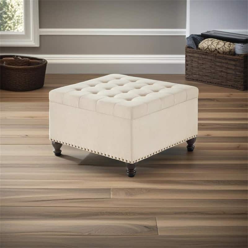 Large square storage ottoman with wooden legs