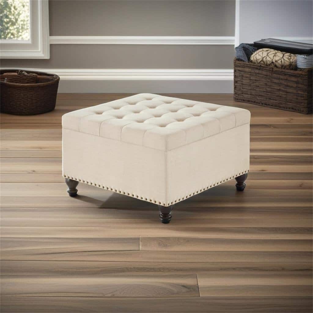Large square storage ottoman with wooden legs