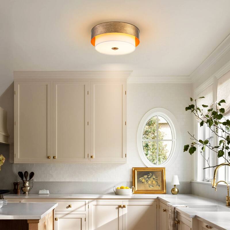 13.8" W Mid-Century Modern Tiered Flower/Circluar Drum Ceiling Light in Distressed Stain Gold with White Fabric Shade