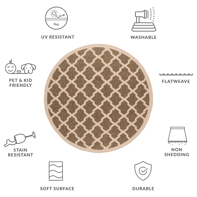 SAFAVIEH Courtyard Tuulikki Indoor /Outdoor Waterproof Trellis Patio Backyard Rug - 7'10" Round - Brown/Bone