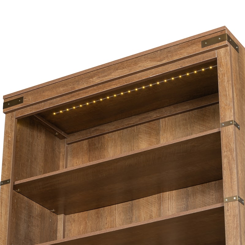 83.4" Tall Bookshelf with Doors, Farmhouse Bookcase with 3-Tier Adjustable Shelves, Display Storage Cabinet with LED Light