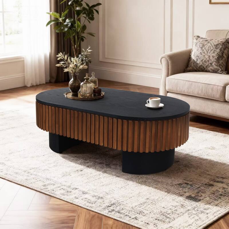 Oval Coffee Table with Hidden Storage, Low Profile Wood Center Table Stylish Tea Table with Solid Wood Veneer & Removable Top