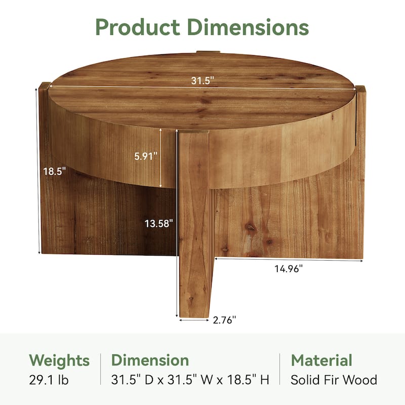 31.5 Inch Round Wood Coffee Table for Living Room - 31.5" D x 31.5" W x 18.5" H