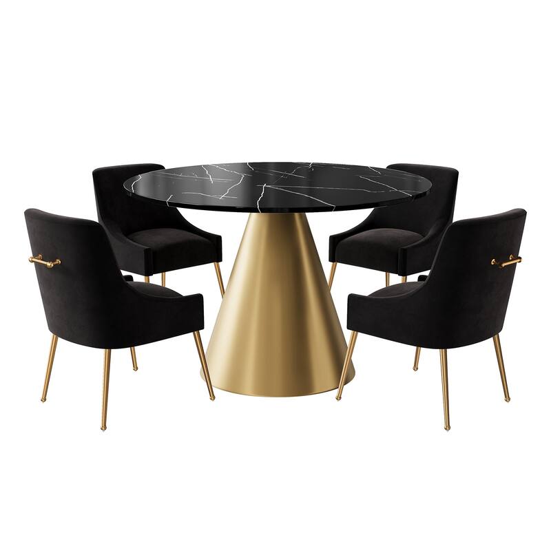 48" Marble Top Metal Dining Table with Velvet Dining Chair Set