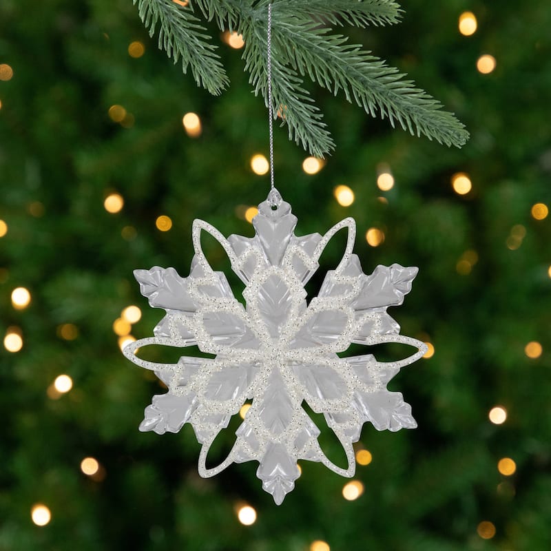 5.5" Clear Snowflake with White Design Christmas Ornament