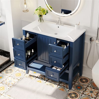 36" Bathroom Storage Wood Vanity Cabinet with Ceramic Sink and Shelf