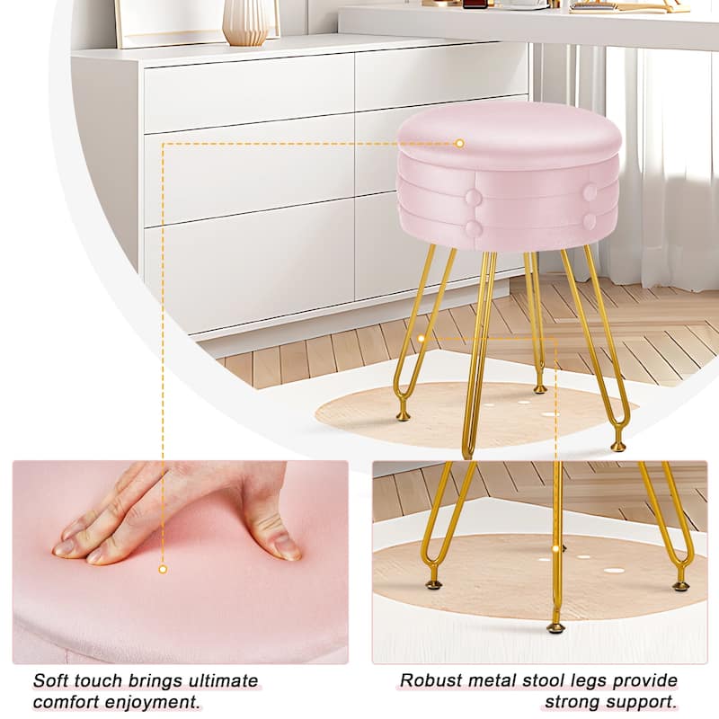 VECELO 18.5"H Multi-Functional Velvet Vanity Stool Tufted Small Vanity Chair with Metal Legs Convertible Storage End Table