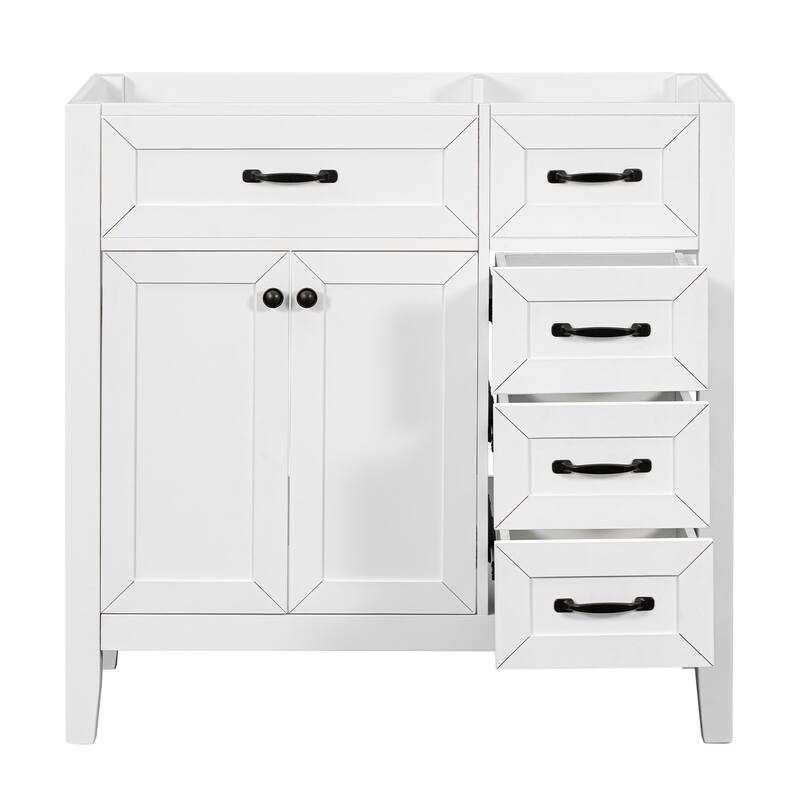 36" Modern White Bathroom Vanity Cabinet Base, 2 Doors & 3 Drawers, Solid Rubber Wood & MDF