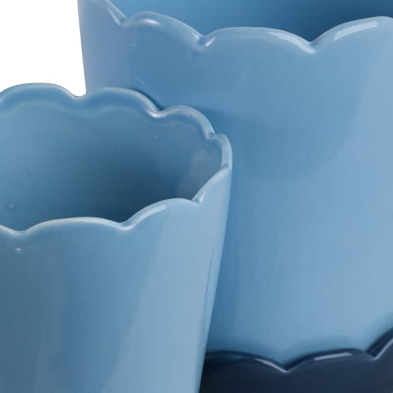 Ceramic Saucer Planters Scalloped Edge Design Modern Shape (Set of 2) - 8" x 8" x 8"