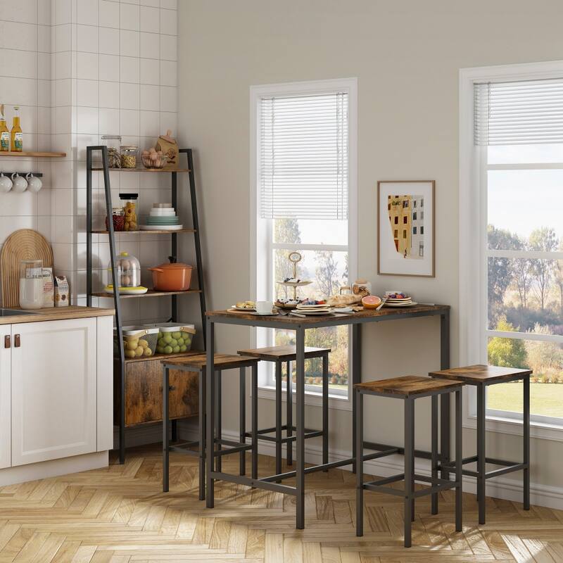 5-Piece Rustic Brown Dinging Table Set with High Stools, Structural Strengthening, Industrial Style