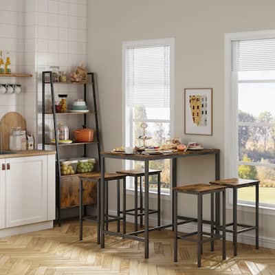 5-Piece Rustic Brown Dinging Table Set with High Stools, Structural Strengthening, Industrial Style