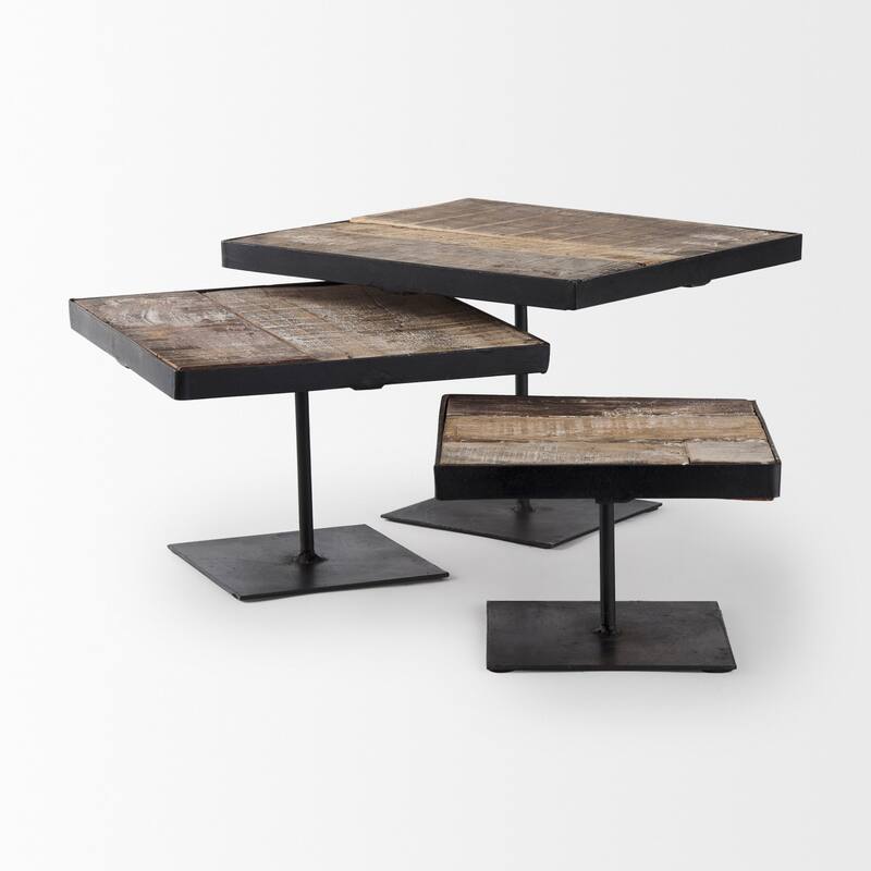 Lorenz Light Brown Wood w/Black Metal Base Round Decorative Display Stands (Set of 3)
