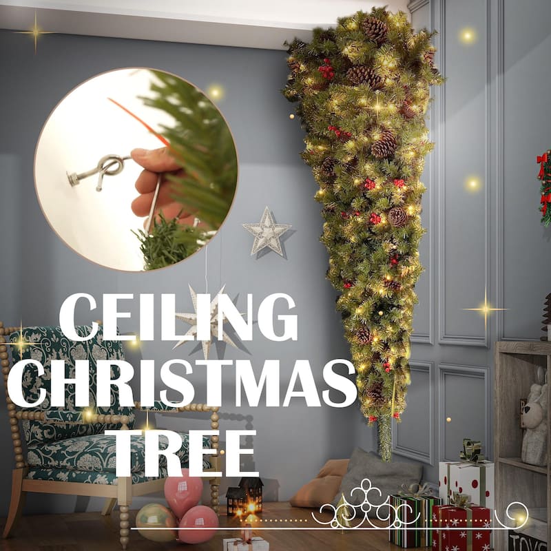 6ft Upside Down Hanging Quarter Tree,Christmas Tree Hanging from The Ceiling with 300 LED Warm White Lights,600 Lush Branch Tips
