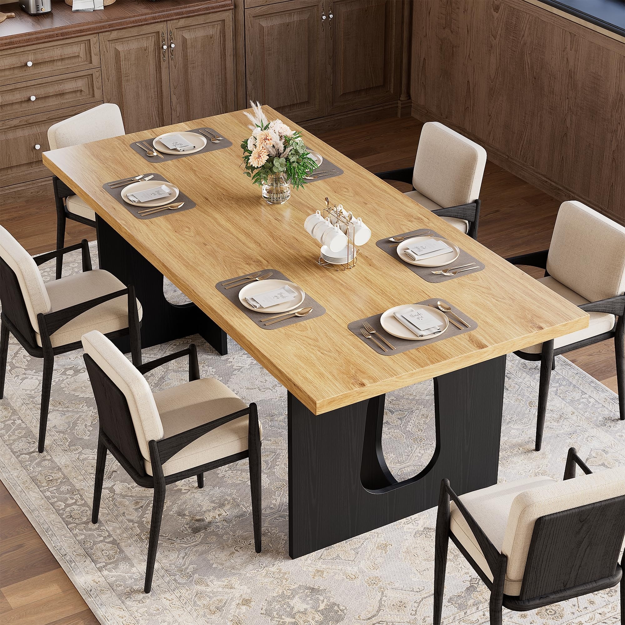 71" Long Dining Table for 6-10 People - Farmhouse Kitchen Table with Extra Thick Tabletop & Heavy-Duty Metal Legs