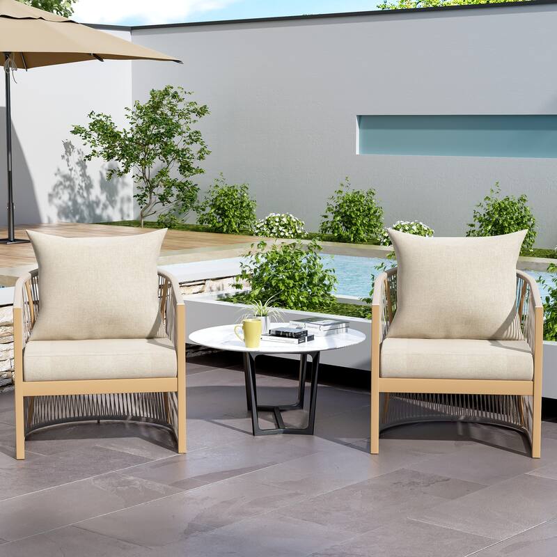 [Set of 2] Modern Beige Curved Aluminum Lounge Chair w/ Stylish Rope-Weave Design & Cushioned Comfort for Backyard, Poolside