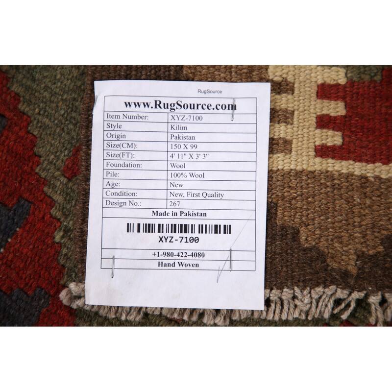 Geometric Kilim Oriental Area Rug Hand-woven Wool Foyer Carpet - 3'3" x 4'11"