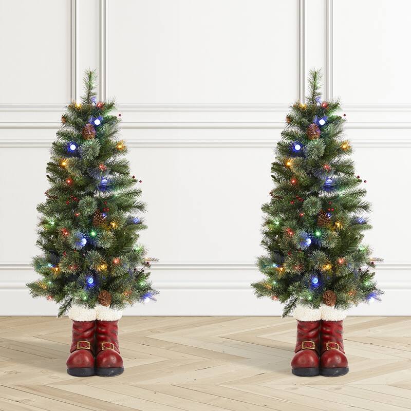 Glitzhome 4.5ft LED Lighted Christmas Tree with Santa Boots Base, Berry Bow Wreath, Garland Set for Front Door Entryway