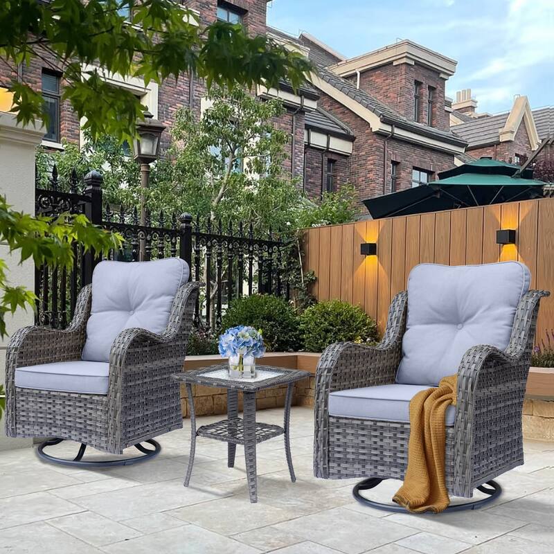3 Piece Outdoor Patio Conversation Wicker Furniture Swivel Chairs Sets - Grey-Gray Rattan