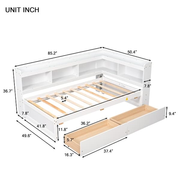 dimension image slide 1 of 3, Twin Bed with L-Shaped Bookshelves and Storage Drawers - Pine Wood, Space-Saving