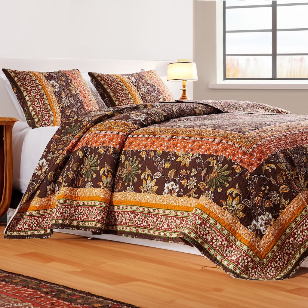 Dill 2 Piece Twin Quilt Set, Bohemian, Jacobean Floral Print, Brown, Orange