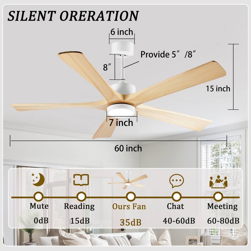 60-Inch Ceiling Fan with Light, 5 Solid Wood Blades, Downrod Mount for Sloped Ceiling ≤15°, Quiet Reversible DC Motor
