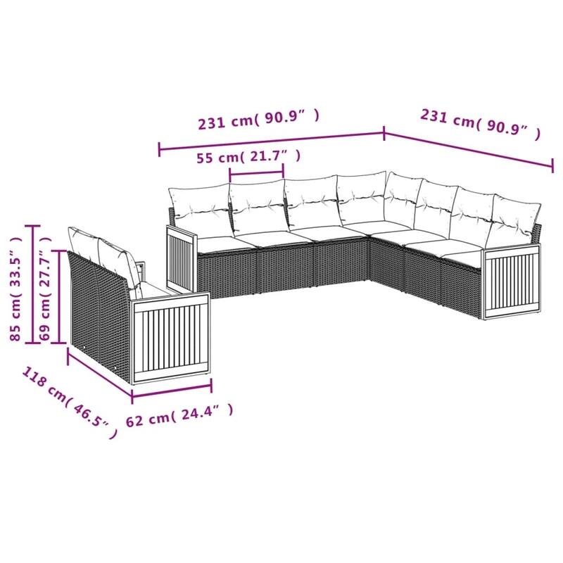 vidaXL 9 Piece Patio Sofa Set with Cushions Black Poly Rattan