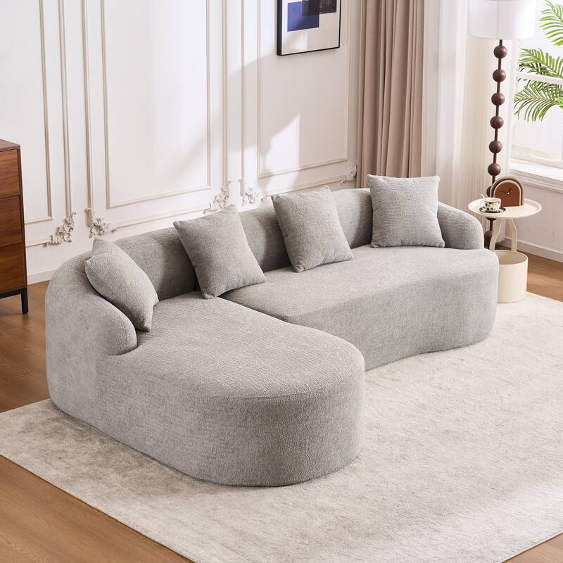L-Shaped Sectional Sofa with Curved Chaise, Chenille Boneless Cloud Sofa, Modular 4-Seater Sofa with 4 Throw Pillows
