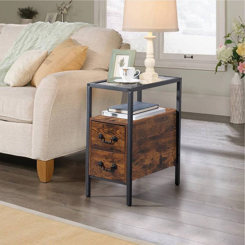 Industrial 2-Drawer Tempered Glass Narrow Nightstands /End Side Tables - Brown