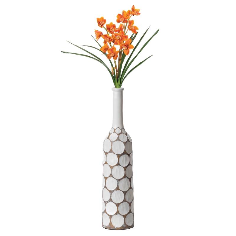 Decorative Contemporary Floor Vase White Carved Divot Bubble Design with Tall Neck - Small
