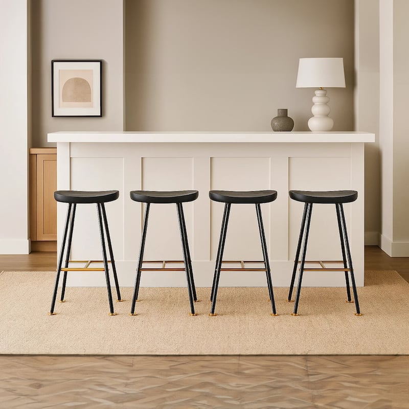 Elira 24" Backless Barstool with Handcrafted Mango Wood Saddle Seat PVD Coating Black Iron Legs Gold Footrest
