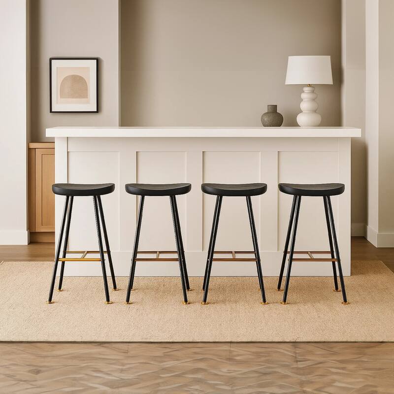 Elira 24" Backless Counter Stool with Mango Wood Saddle Seat, Black Iron Legs, Gold Footrest