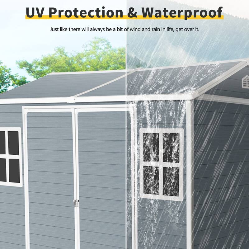 Resin Outdoor Storage Shed UV-Proof Garden Tool Shed with Sloping Roof & Lockable Double Doors, Built-in Floor