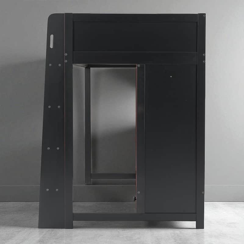 Wood Twin/Full Size Loft Bed with Desk, Wardrobe, LED Lights, Drawer and Hanging Rack - Space-Saving Gaming Workstation